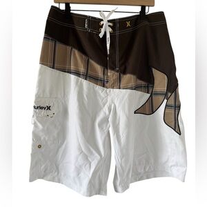 Hurley Men's Plaid Brown and White Board Shorts NWT - 36